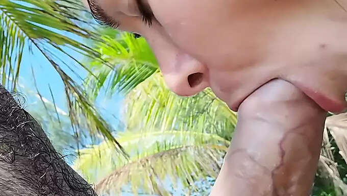 Teen Brunette Gives A Juicy Blowjob In A Tropical Paradise